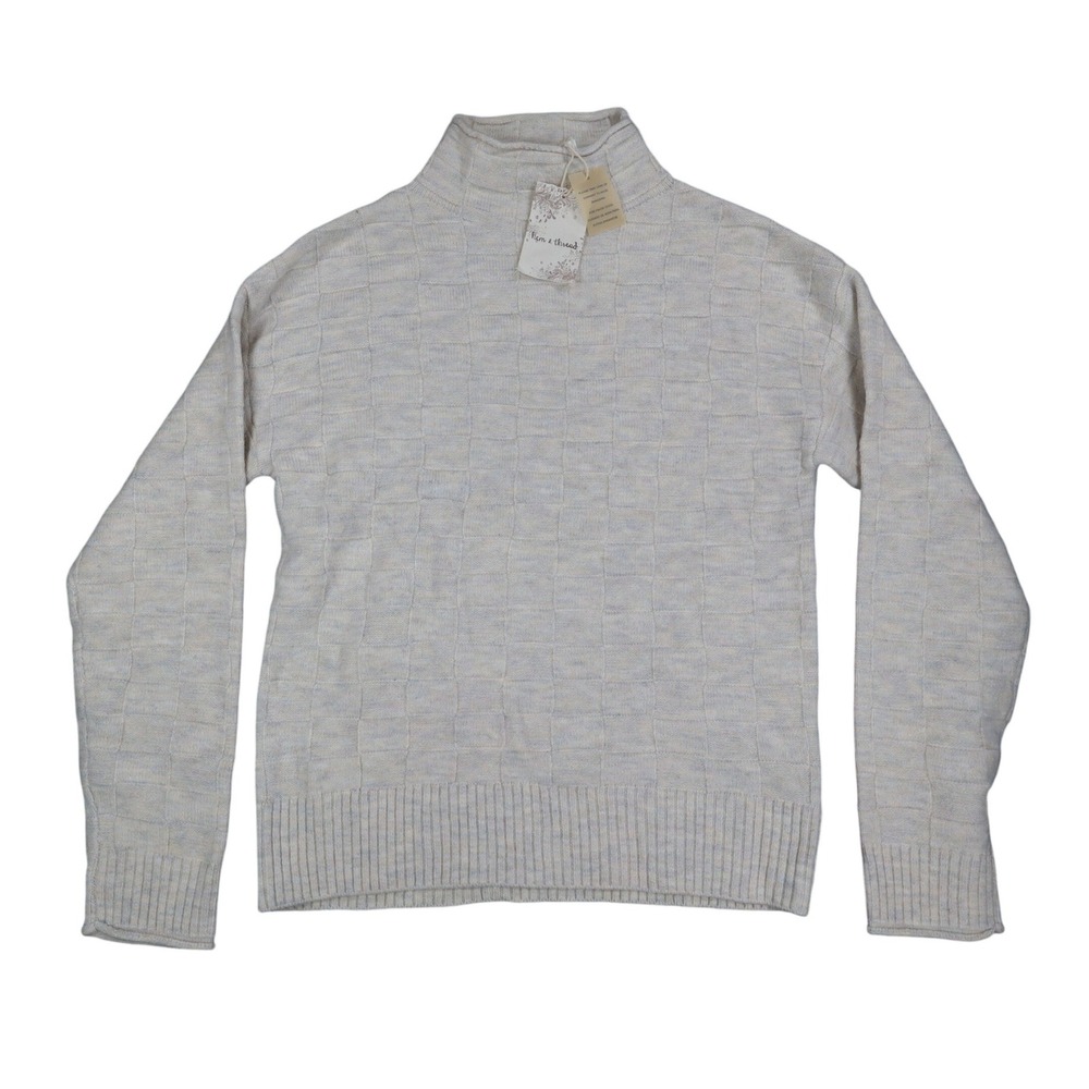 Hem & Thread Mock Neck Sweater Womens Small Cream Textured Checkerboard Knit NEW